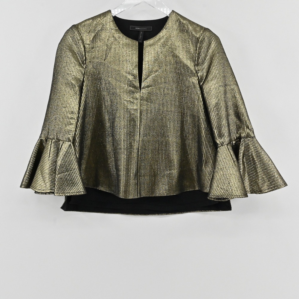 BCBGMAXAZRIA Bell Sleeve Blouse Womens Size XXS Gold Metallic Cotton Top Party